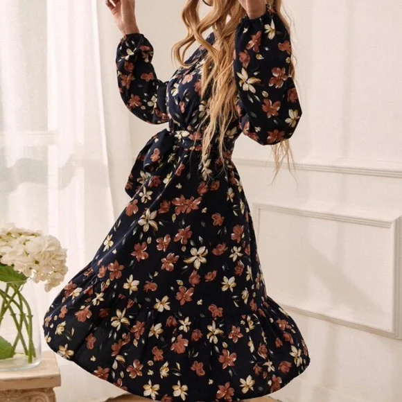 024 Boho Print Ruffle Mini Dress Cottagecore - Picture 3 of 6